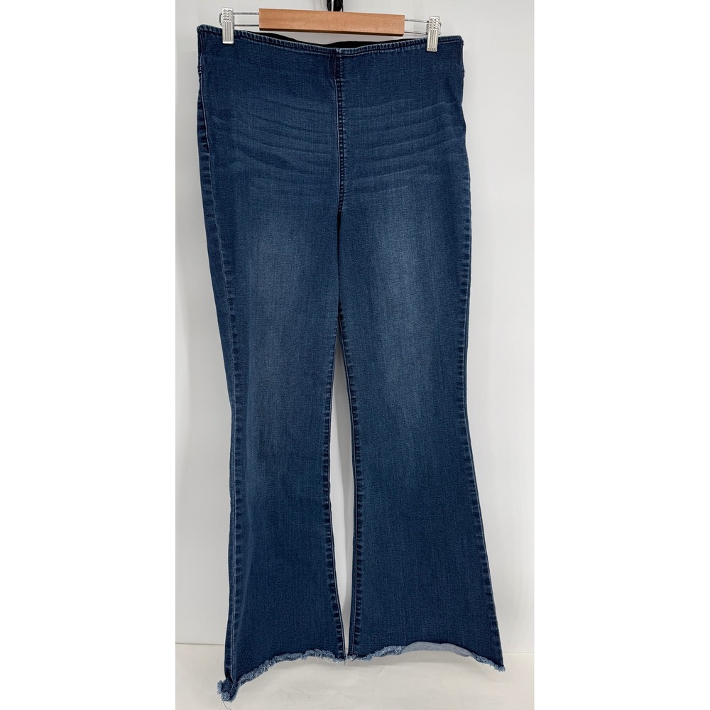 Knox Rose Womens Dark Wash Pull On Flare Jeans Raw Hem Blue Sz 14